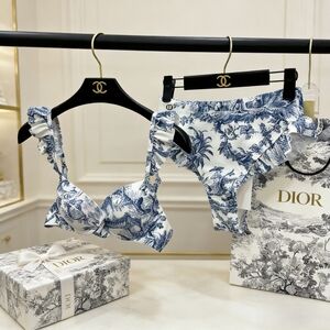 Dior Blue Toile de Jouy Ruffled Bikini Set